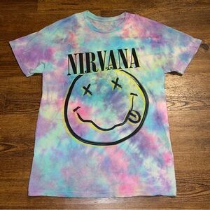 NIRVANA Blue, Purple Pink Punk Graphic Tie-Dye Short Sleeve Cotton Shirt Size M